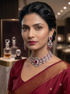 Luxury <b>Silver</b> Plated American Diamond Pink Stone <b>Choker</b> Necklace Set for Women Wedding Party Wear Designer Jewelry Collection - Product Image 2