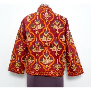 Elegant Red Mandarin Collar Jacket With Floral Hand Embroidery Full Sleeve Autumn Women's Woven Polyester Coat - Product Image 5