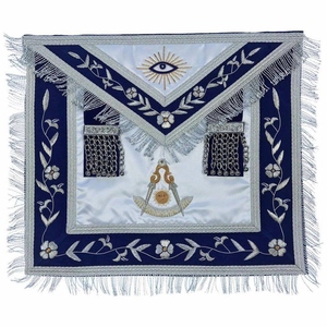 Past Master Freemason Navy <b>White</b> <b>Apron</b> Silver Floral Embroidery Fringe Chain Trim Custom OEM Masonic Regalia Brotherhood Wear - Product Image 1