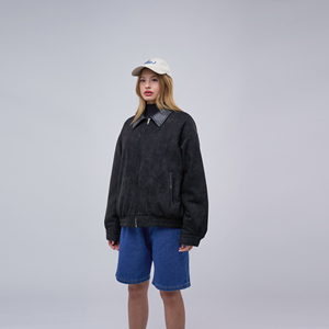 <span class=keywords><strong>Veste</strong></span> bomber noire en faux daim avec col en cuir pour <span class=keywords><strong>femme</strong></span>, style oversize, décontractée, zippée, type <span class=keywords><strong>Harrington</strong></span> - Product Image 5
