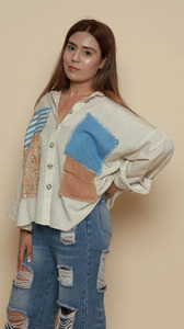 Women’s Designer Bohemian Linen <b>Patchwork</b> Button Down <b>Shirt</b>, Long Sleeve Loose Fit Drop Shoulder Spliced Design Casual Top - Product Image 2