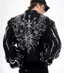 Chaqueta Bomber Impermeable de Cuero PU para Hombre, Corte Ajustado, con Patrón Bordado, Cuello Alto, Cierre de Cremallera, Estilo Urbano, Abrigo de Otoño con Forro de Piel - Product Image 4
