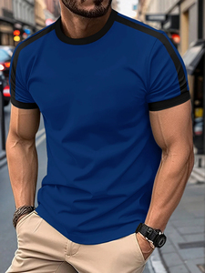 T-shirt noir à manches courtes pour homme avec bordure blanche, coupe classique, col rond, imprimé décontracté, tricoté 200g, en polyester vierge - Product Image 4
