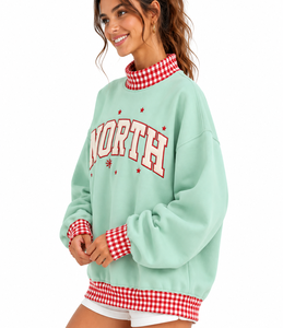 Custom <b>Women</b>’s Oversized <b>Christmas</b> Mockneck <b>Sweatshirt</b> Gingham Letter Applique Embroidery Loose Fit Winter Top - Product Image 5