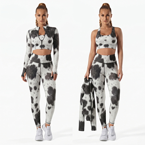 100% Polyester <b>Women</b> Cow Print Yoga Set Sleeveless Compression Crop Top High Waist Printed <b>Leggings</b> Polyester Spandex Yoga Set - Product Image 1