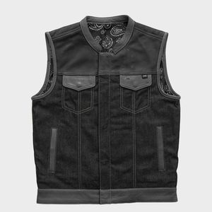 เสื้อกั๊กสไตล์เดนิมหนังลาย Paisley สีดำแดงสำหรับผู้ชาย - Product Image 3