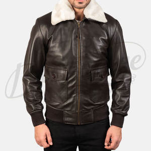 Blouson aviateur G-1 en cuir véritable marron foncé pour homme, col en fausse fourrure blanche, deux poches à rabat, bordure côtelée - Product Image 6