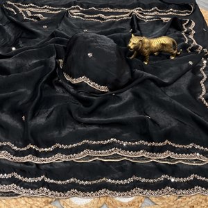 Fandy <b>Satin</b> Silk <b>Saree</b> with Original Rose Gold Beads Work Cutwork Border Designer Party Wear <b>Saree</b> with Heavy Worked Blouse - Product Image 5