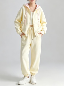 Survêtement à capuche pour femme, couleur unie, manches longues, sweat-shirt décontracté, pantalon à taille élastique, respirant, poids moyen, tenue de jogging - Product Image 5