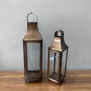 <b>Lanterns</b> Set Of Two <b>copper</b> finish With Glass Panels For Home Decoration Metal Design - Product Image 1