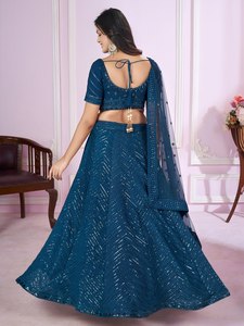 Blue Sequin Embroidered Wedding Lehenga Choli <b>Net</b> Dupatta Women Party <b>Dress</b> - Product Image 3