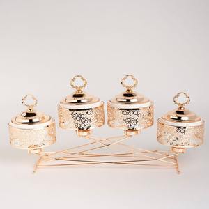 Luxury 4 Pot Rose Gold <b>Chafing</b> <b>Dish</b> <b>Set</b> Round <b>Buffet</b> Food Warmer With Hanging Lids and Laser Cut Stand for Wedding Party Decor - Product Image 2