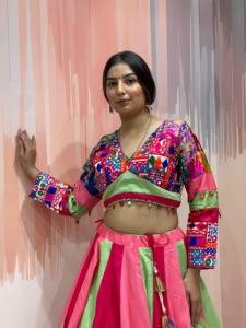 Navratri Rainbow <b>Panel</b> Chaniya Choli With <b>Mirror</b> Work Blouse Kutch Border And Embroidered Dupatta Women Set - Product Image 5