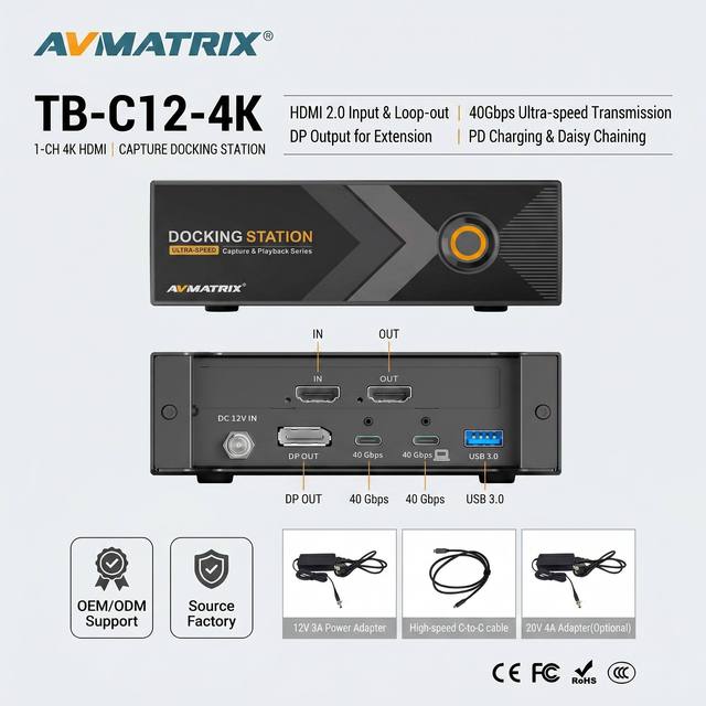AVMATRIX TB-C12-4K HDMI 2.0 Capture Docking Station 40Gbps Ultra-speed 4K60 Loop-out 60W PD for Live Stream VMix OBS