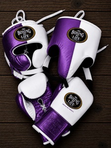Guantes de Boxeo Personalizados Blancos y Dorados 'No Boxing No Life' de Cuero Vacuno Auténtico, Protector de Cabeza y Protector Inguinal, con Cordones y Dedos Completos - Product Image 1