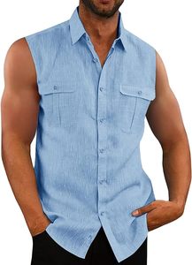 Chemise sans manches boutonnée personnalisée pour homme en lin et coton, débardeur basique d'été pour la plage, T-shirt Cor Men - Product Image 1
