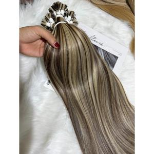 Extensions à pointe plate vietnamiennes vierges, lisses comme des baguettes, brun cendré avec mèches platine, pré-colorées, vente en gros - Product Image 5