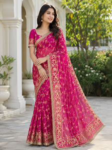 Georgette <b>Saree</b> Gold Embroidery Border for Women Wedding Wear Indian Pakistani Traditional Floor-Length Quick Dry All Seasons - Product Image 1