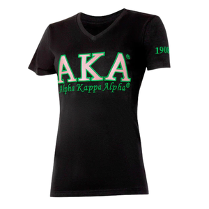 Camiseta Clásica con Cuello en V de la Hermandad Apple AKA, Estilo Griego, Verde y Negro, de Algodón, Informal, para Mujer, con Diseño Bordado - Product Image 1
