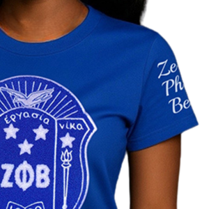 เสื้อยืดผ้าฝ้ายสีน้ำเงินแขนสั้นสำหรับผู้หญิง Zeta Phi Beta Chenille Crest ทรงปกติ สวมใส่สบาย คอกลม ประดับลูกปัด ลายดิจิตอล 1920 - Product Image 3