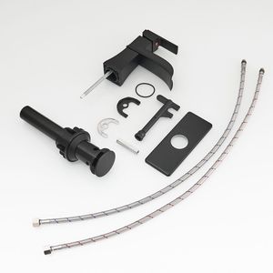 Rubinetto per lavabo a cascata nero a 1 foro con maniglia singola, scarico a scomparsa, tubi di alimentazione e piastra di copertura - Rubinetti bagno monocomando - Product Image 6