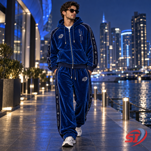 SAAJAN Premium Ocean Sapphire Code 280 GSM 100% Cotton <b>Velour</b> Velvet Rhinestone Crystal <b>Tracksuit</b> Hoodie Baggy Pants Luxury - Product Image 4