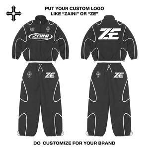ZAINI Mens 120 GSM Polyester Taslon Breathable Winter <b>Windbreaker</b> Suit <b>Black</b> Contrast Panel Front Logo Hooded Tracksuit Set - Product Image 1