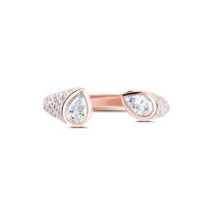 Bague statement Toi et Moi à double bande ouverte et inclinée, sertie de diamants de laboratoire taille poire, en or massif 14K 18K, personnalisable, vente en gros - Product Image 5
