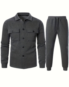 Men's Dark Gray Workwear Style Jacket & <b>Pants</b> Set Turn-<b>Down</b> Collar Solid Color Autumn Wear FRENCH TERRY Fabric made bangladesh - Product Image 5
