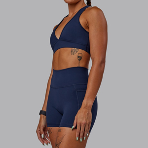 Soutien-gorge de sport pour femme, col en V profond, dos nageur, bleu marine uni, maintien moyen, sans coutures, respirant, pour yoga et fitness - Product Image 5
