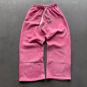 Pantalones de chándal casuales de talla grande para hombre, de tejido grueso, estilo vintage, con lavado ácido, de pierna recta y corte acampanado. - Product Image 5