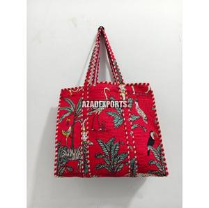 Red Jungle Hand-painted Cotton <b>Tote</b> <b>Bag</b> with Tiger Print Bohemian Style Open Top <b>Large</b> Capacity Shopping <b>Bag</b> - Product Image 1