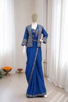 Ensemble de sari indien pakistanais imprimé bleu avec blouse brodée et veste pour femme, robe de fête et de mariage