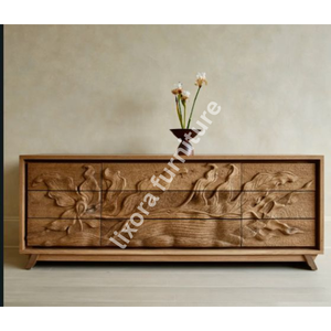 Cajón de TV de Madera Maciza de Lujo Hecho a Mano con Relieve Floral Ornamental de Garza y Paisaje en Roble - Product Image 2