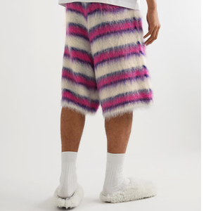 Custom Design Men Mohair Knit Shorts Loose Fit Striped Knitted Drawstring Mohair Blend Winter Knitwear Shorts - Product Image 6
