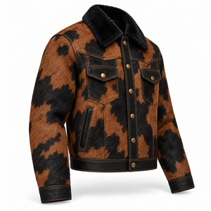 Veste Western Homme Personnalisée en Cuir de Vachette Marron Tabac et Noir avec Col en V, Manteau de Cowboy pour Ranch, Fabricant OEM en Gros, Export Hiver - Product Image 3
