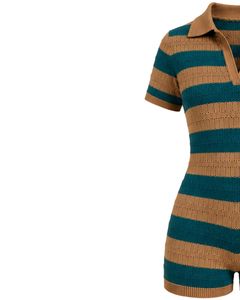 Mono de punto a rayas verde azulado y beige para mujer, manga corta, cuello polo, informal de verano, de una pieza, ajustado, diseño personalizado - Product Image 2