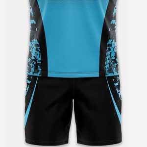 ชุดเสื้อบาสเก็ตบอลแบบกำหนดเอง สีดำไล่เฉดสีน้ำเงิน พิมพ์ลายแบบ Sublimation ระบายเหงื่อได้ดี สำหรับผู้ใหญ่ แบบ Unisex คอกลม แขนกุด ผ้าตาข่าย - Product Image 5