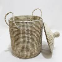 Panier de rangement en jonc de mer naturel tressé à la main, écologique, avec couvercle et poignées, pour la lessive et l'organisation de la maison, Artex Dong Thap Vietnam