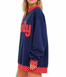 Custom Oversized Mock Neck Sweatshirt Women Gingham <b>Patchwork</b> Letter Applique Jolly Embroidery Winter Pullover Casual Fleece <b>Top</b> - Product Image 3