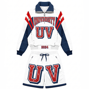 Premium 280 GSM Polyester Blue Navy Cut Sew Panel Tracksuit Custom Logo Windbreaker Shorts for Men - Product Image 5
