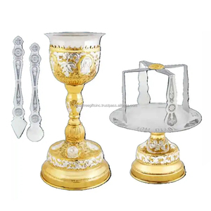 Juego de 5 Cálices de Iglesia Ortodoxa de Metal con Acabado Pulido de Latón y Acero Diseño Folral en Relieve Calidad Premium para Beber - Product Image 5