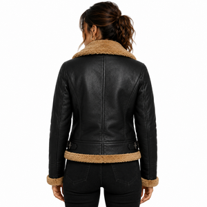 Customizable <b>Women's</b> Sheep Skin Leather Bomber <b>Jacket</b> with Fur Trim Zipper Closure Winter Warm Coat Cotton Lining - Product Image 2