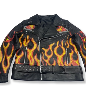 Men's Men's Studded Black Leather Biker <b>Jacket</b> with Flame Design | Punk Rock Moto Outerwear Winter Bomber <b>Jacket</b> <b>Thick</b> Padded - Product Image 3