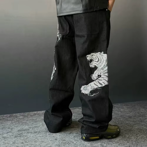 Pantalones Cargo de Mezclilla con Bordado de Dragón Estilo Chino para Hombre, Corte Holgado, Cintura Media, Algodón Negro, Ropa de Otoño - Product Image 2