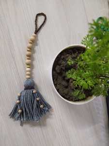 Handmade Wooden Bead <b>Tassel</b> With Gray Yarn Fringe Decorative Keychain - Product Image 4