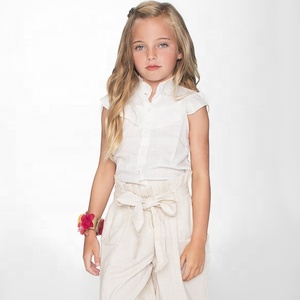 Ensemble en papier Style bohème pour enfants, haut à volants sans manches blanc, confortable, jambes larges, pantalon noué avec poches latérales - Product Image 5