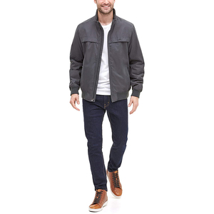 <b>Men's</b> Dark Gray Solid Color Zipper Closure Stand Collar Windproof Casual Wear Polyester Material Bomber <b>Jacket</b> <b>For</b> Online Sale - Product Image 1