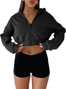 Sweat-shirt court à capuche zippé, couleur unie, manches longues, en mélange de coton tricoté, coupe oversize, décontracté, pour femme, haut d'automne - Product Image 5