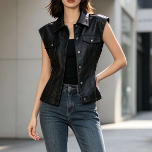 OEM Wholesale Ladies Genuine <b>Leather</b> Vest Shirt Collar Corset Fit Biker Vest <b>Sleeveless</b> <b>Leather</b> <b>Jacket</b> For Women's - Product Image 4